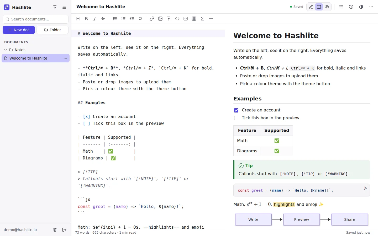 The Hashlite editor: a sidebar with folders, Markdown source on the left and the live preview on the right, showing highlighted code, a rendered math formula and a flowchart diagram
